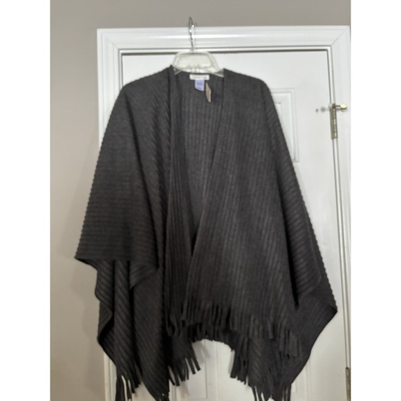 Coldwater Creek Sweaters - Coldwater Creek Fringe Open Sweater Shawl Cape OS Pleated Fleece Wrap Gray